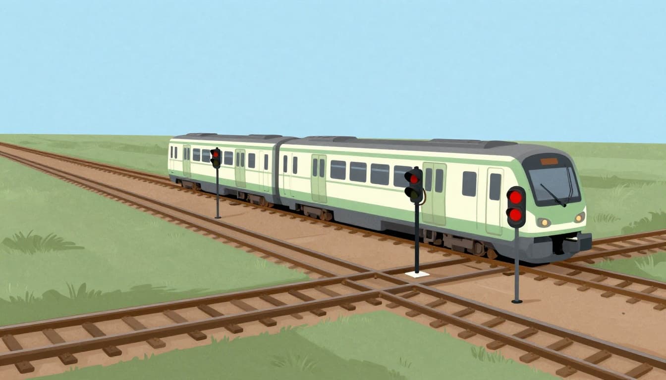 Modern overhead illustration of railway interlocking safety, featuring track switches linked to a control panel, red signals until aligned, and a single train waiting at the junction in green-brown earth tones against a light blue sky.