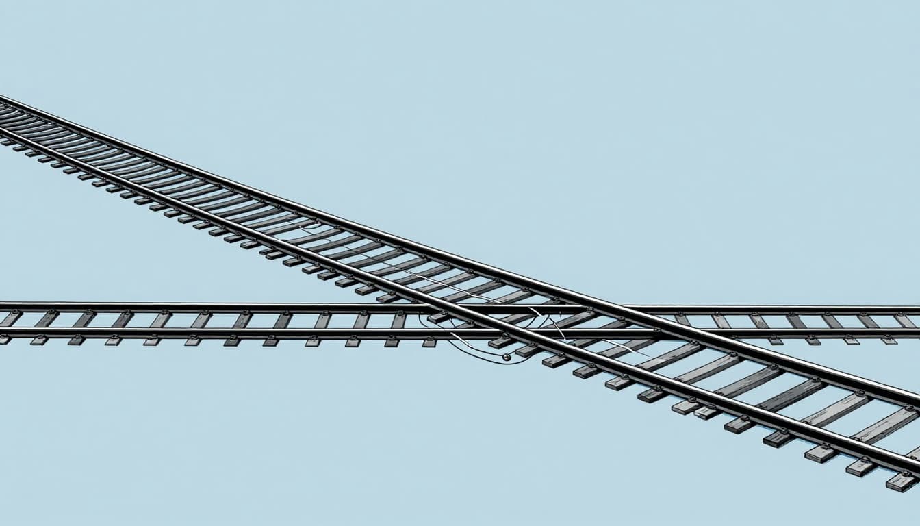 Modern side-view illustration of railway tracks with track circuit: rails connected by low-voltage wires, train wheels shorting the circuit, subtle electricity flow, blue-gray palette, light blue sky.