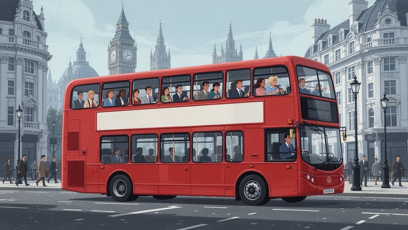 Modern illustration featuring a red double-decker bus driving on a busy London street with iconic buildings in the background. Passengers look out from the top deck in a street-level side view under daylight.