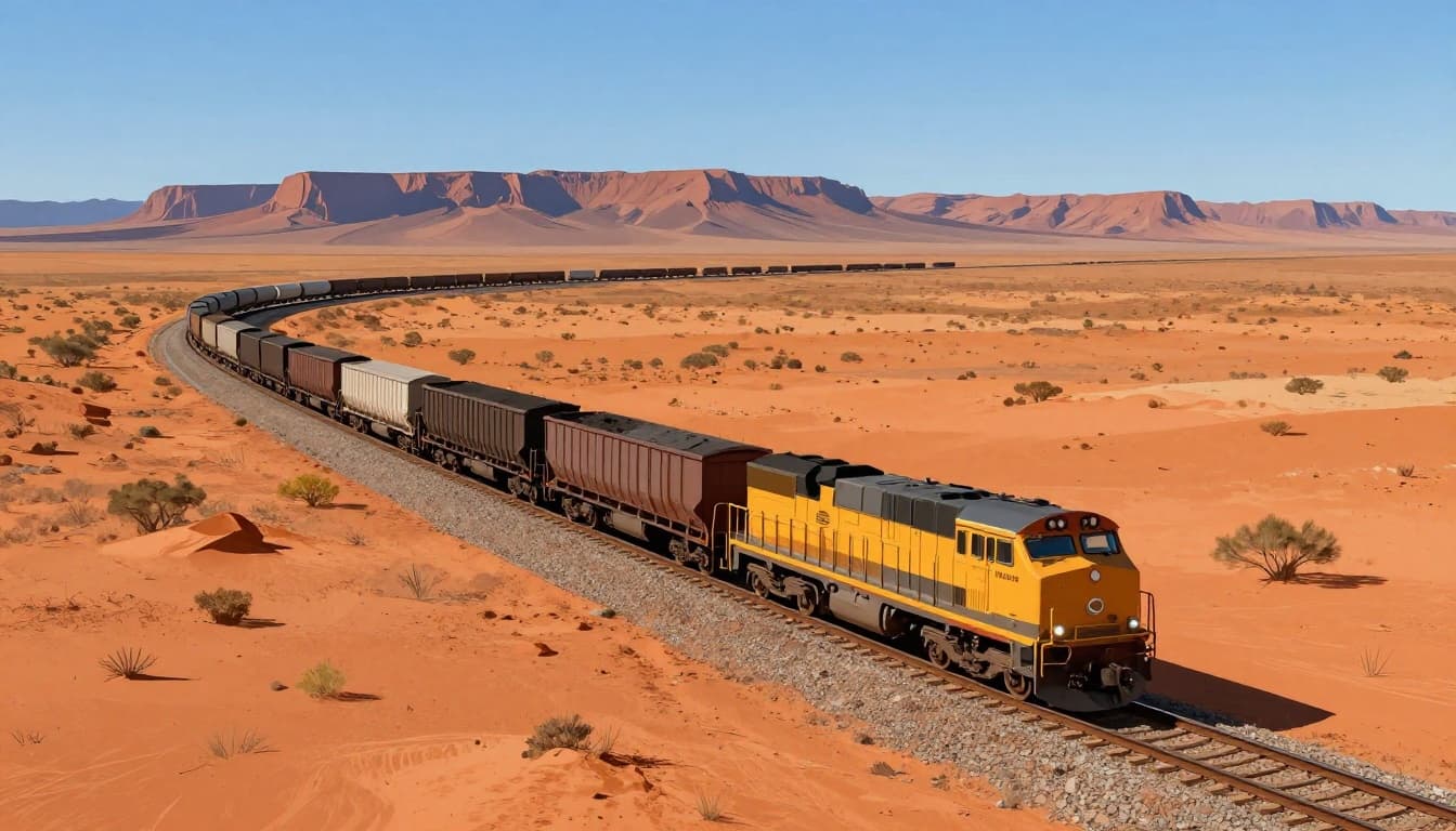 Freight train loaded with coal cars stretches across remote dusty Australian outback, single track curving into vast orange desert horizon under clear blue sky with rugged mountains in distance, modern illustration style.