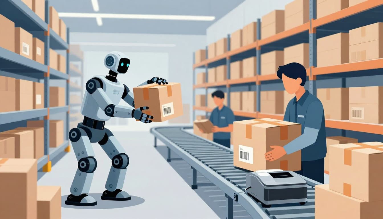 Modern illustration of robots and a single worker collaborating in a vast fulfillment warehouse: one robot arm picking items from shelves, another scanning a barcode on a box, worker packing securely with label printer nearby, conveyor belts and high shelves in background.