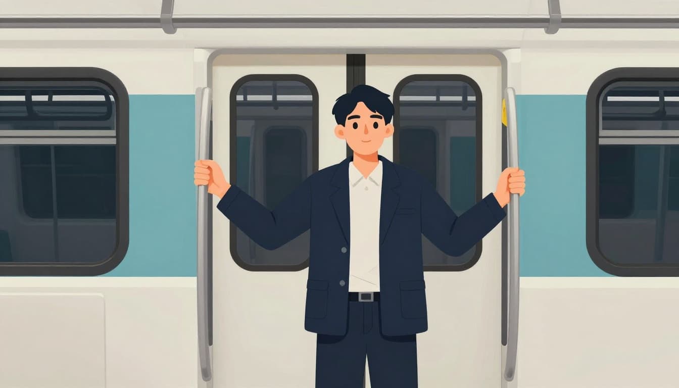 Modern illustration of a rider standing safely near train doors, holding the rail with one hand in a relaxed pose inside a well-lit subway car.