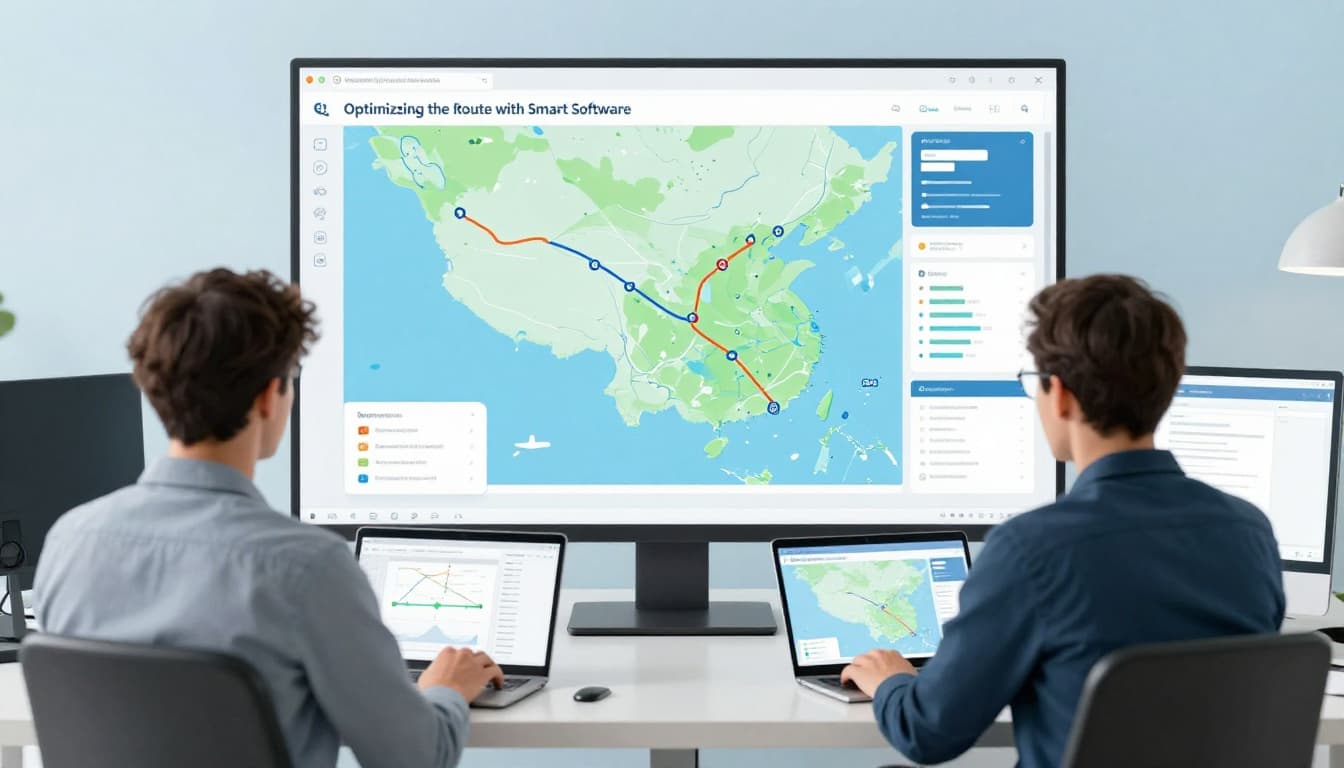 In a modern office, two planners review colorful maps and data charts of ocean routes and fuel paths on computer screens using shipping route optimization software, illustrated in a clean style with blues, whites, and greens.