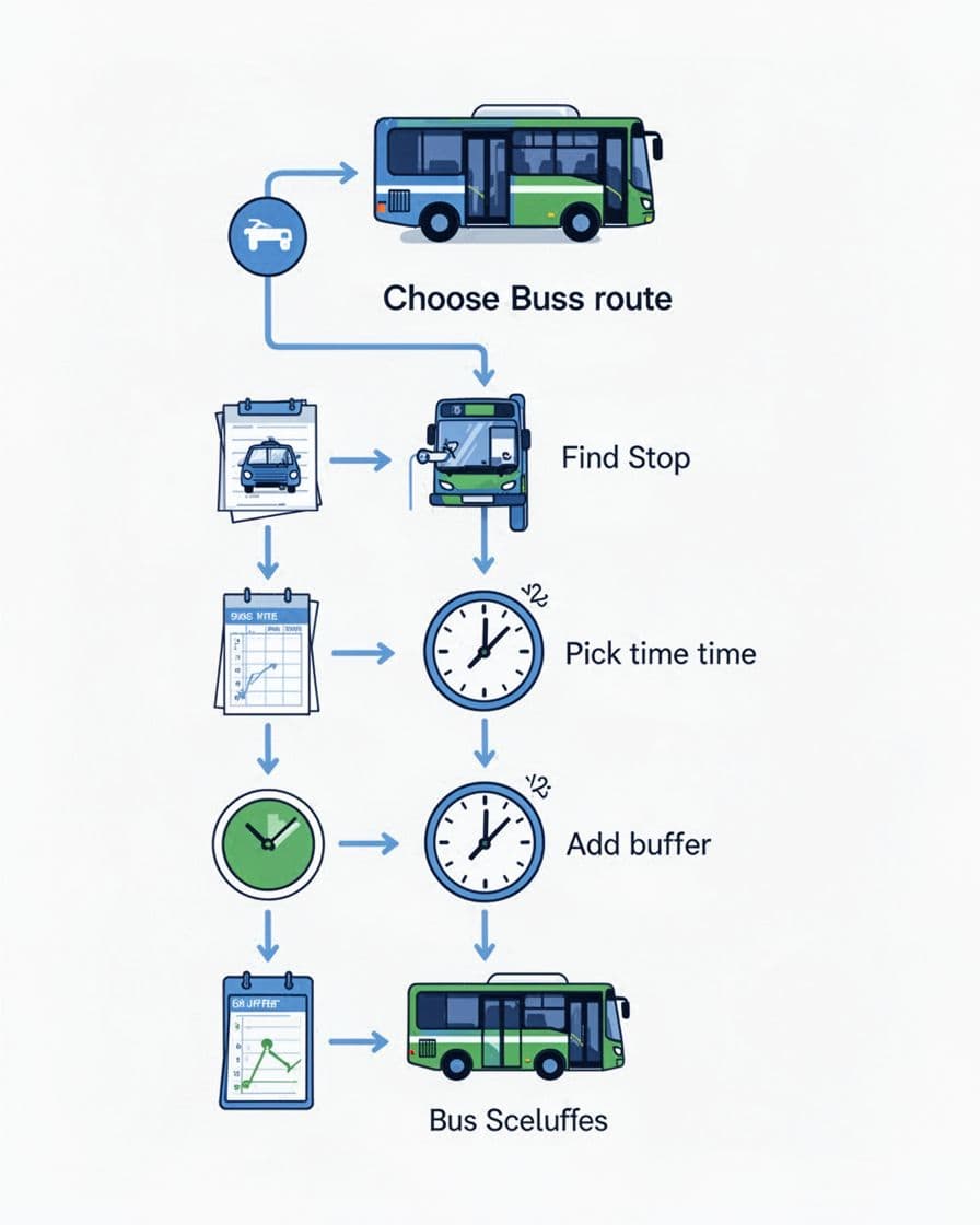 Modern illustration in blues and greens showing a vertical step-by-step flowchart for reading a bus schedule with icons for choose route, find stop, pick time, add buffer, connected by arrows on a clean white background.