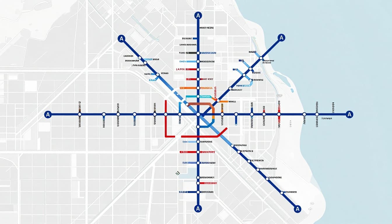 Modern illustration in clean shapes and muted palette of a simplified New York MTA subway map focusing on Manhattan, with thick blue A line, red 1 line, station dots, and express diamonds on a light blue-gray background.