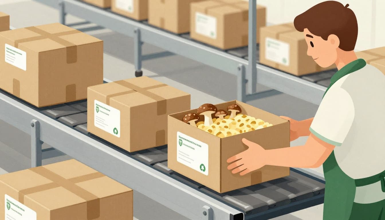 Modern illustration depicting a warehouse worker placing an item into a recyclable box filled with eco-friendly mushroom foam filler, on a conveyor belt with subtle eco-labels, using clean shapes and a green-brown palette.