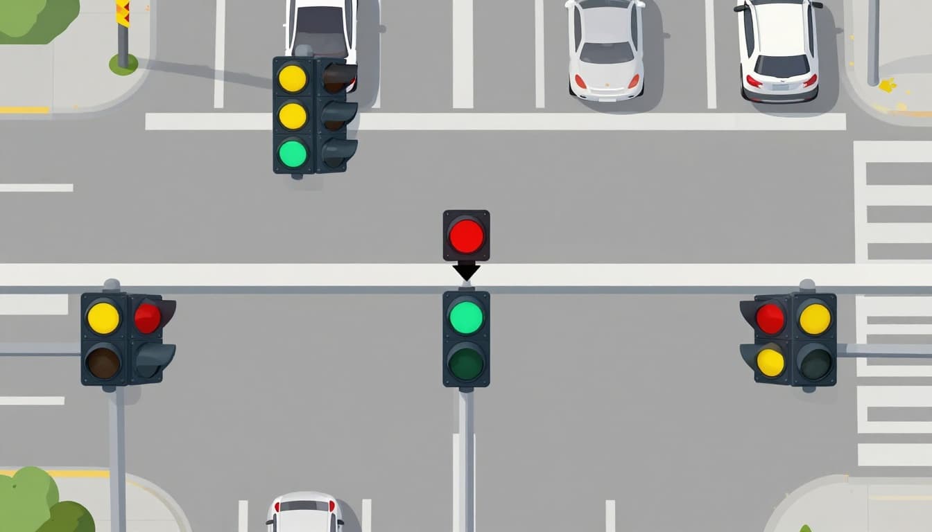 Modern top-down illustration of traffic light cycle diagram at a four-way intersection, arrows showing green to yellow to red phases, vehicles moving in sequence, vibrant colors, clean shapes, no text or people.