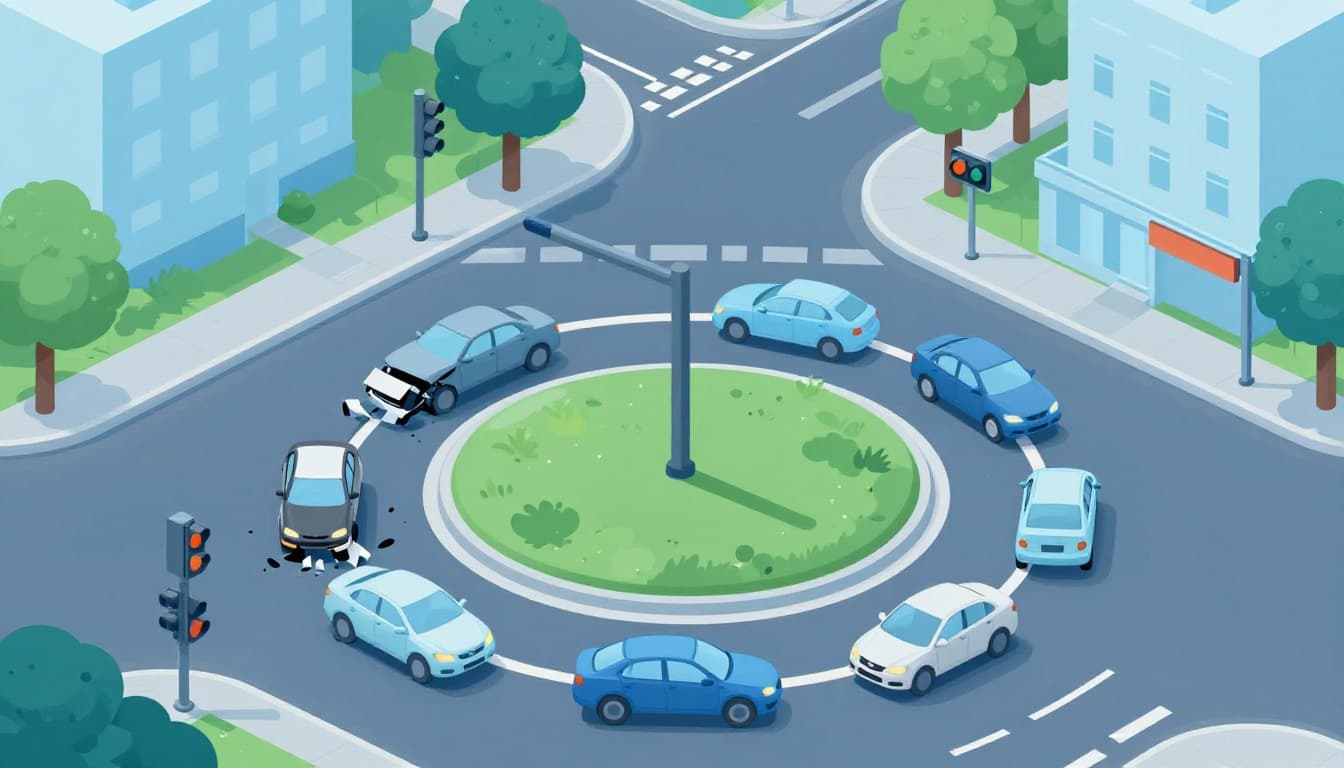 Modern illustration in blues and greens showing side-by-side comparison: chaotic traffic signal intersection with crashed cars on the left, smooth roundabout with safely circling cars on the right.