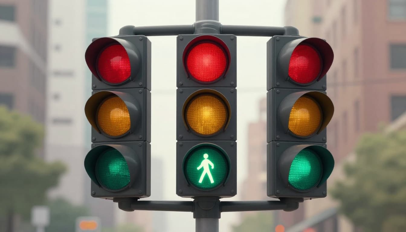 Modern illustration of three traffic signal heads with red, yellow, green lights and pedestrian walk signal mounted on a pole against an urban street background using clean shapes and a controlled color palette.