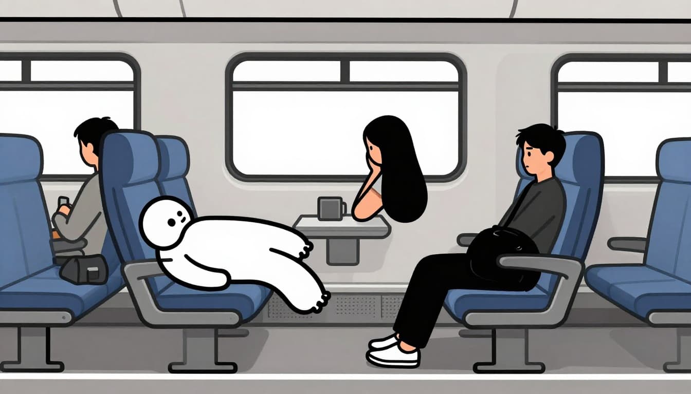 Modern illustration of a train passenger sprawling bags across two seats in a crowded car, with an annoyed fellow traveler in the background, using clean shapes and earth tones.