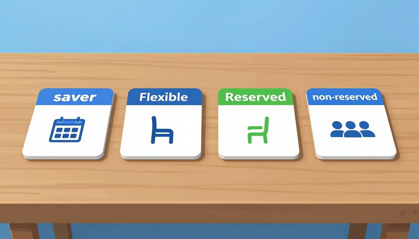 Top-down modern illustration of a wooden table with four train ticket cards side by side for comparison: saver (calendar icon), flexible (arrow icon), reserved seating (chair icon), and non-reserved (crowd icon), using clean blues and greens.
