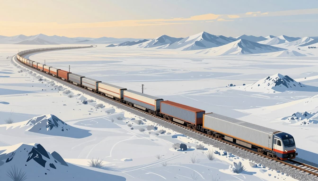 A long transcontinental freight train carrying containers crosses the vast Eurasian steppe, linking Europe to Asia amid snowy mountains and open plains. Modern illustration in blue-gray palette with golden hour lighting and strong side-angle perspective.