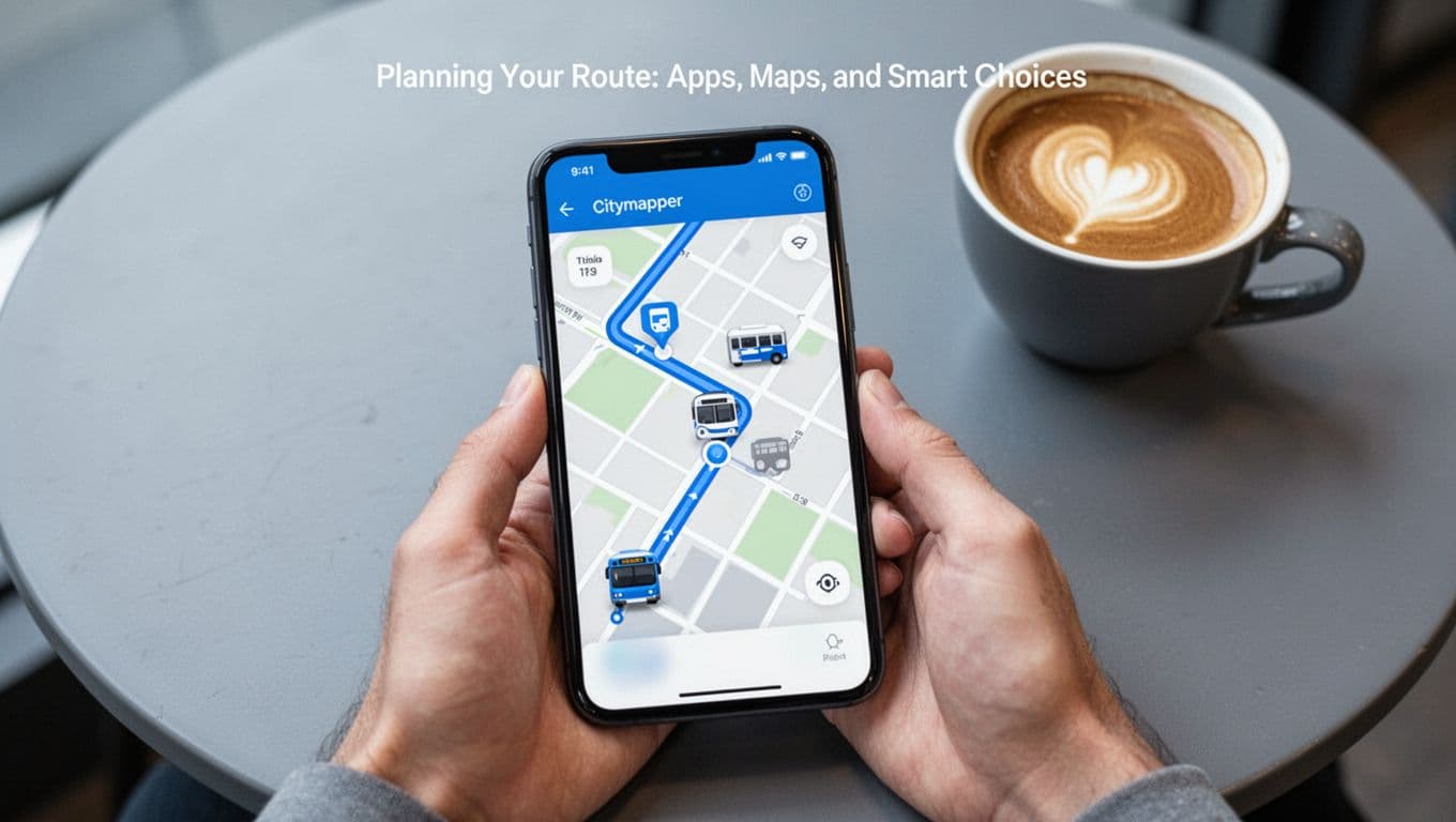Modern illustration in cool blues and grays showing a smartphone held in hand at a table with coffee cup nearby, screen displaying blurred city transit app map route and bus icons from top-down angle.