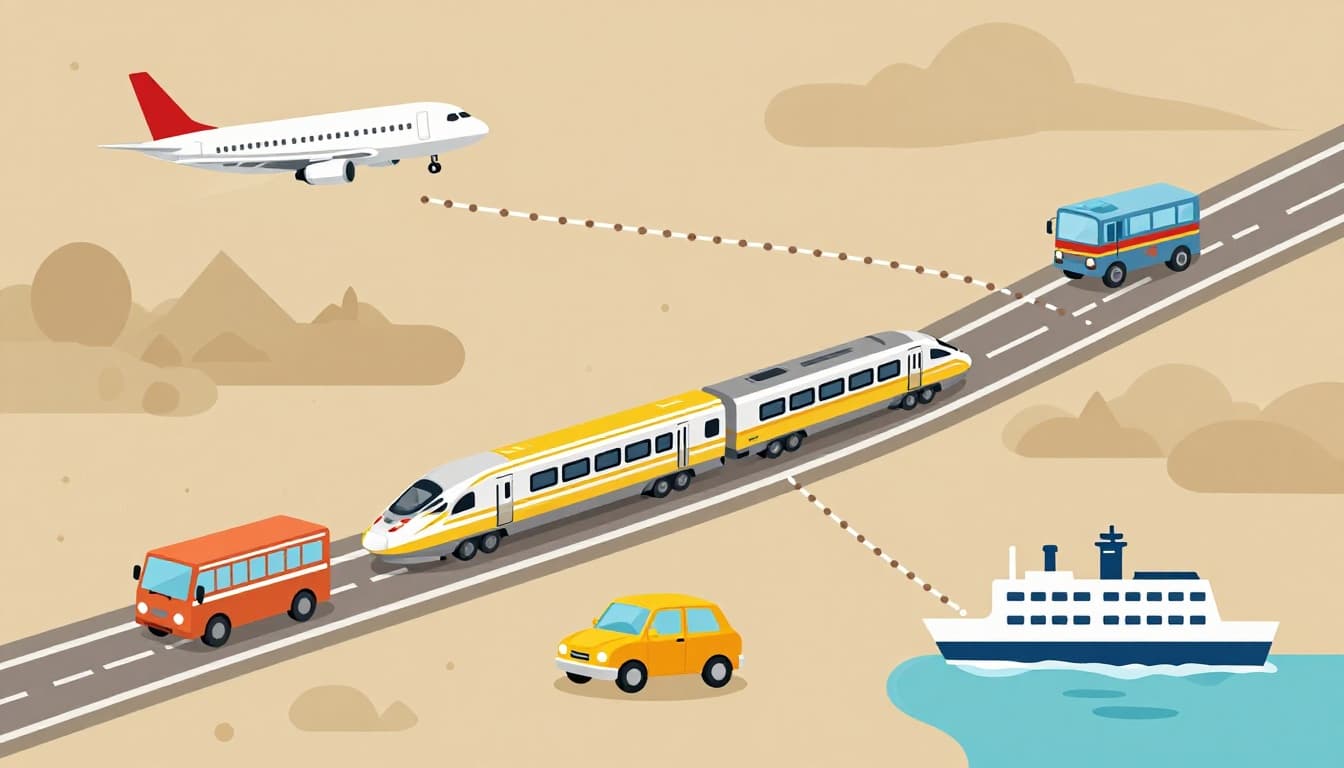 Modern illustration of airplane, high-speed train, bus, rental car, and ferry icons linked by a dotted path on a landscape map background in warm earth tones.