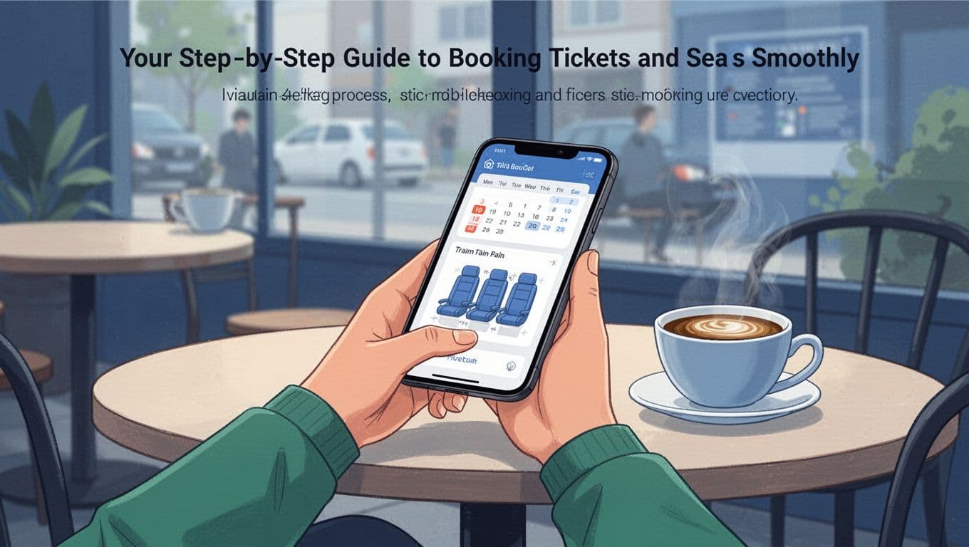 Modern blues and greens illustration of a solo traveler at a cafe table, relaxed hands on smartphone with blurred icons for train routes, calendar, and seat map, coffee cup nearby.