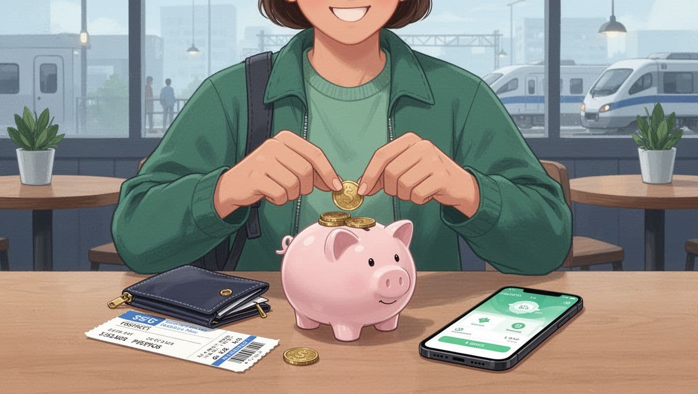 Modern illustration of a happy traveler sitting at a cafe table, putting coins into a piggy bank next to a train ticket and smartphone savings app, in clean blues and greens.