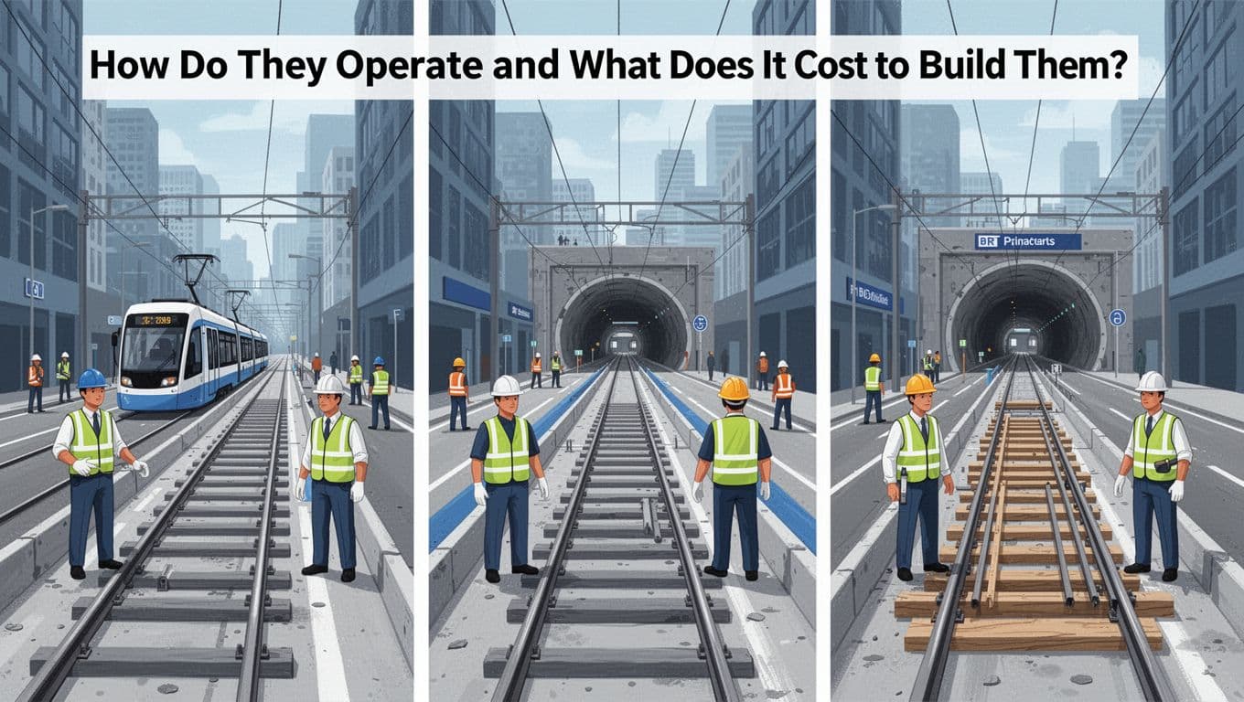 Modern illustration in blues and grays with clean shapes and strong composition, showing three side-by-side urban scenes: workers building BRT dedicated lanes, laying nearby tram tracks in the street, and a distant subway tunnel entrance.