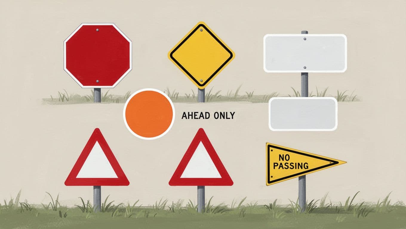 Modern illustration featuring six US road sign shapes in a grid: red-outlined octagon for stop, yellow-outlined diamond for warning, white-outlined rectangle for regulatory, orange-outlined circle for ahead-only, red-outlined triangle for yield, and yellow-outlined pennant for no passing, on a simple grass background.