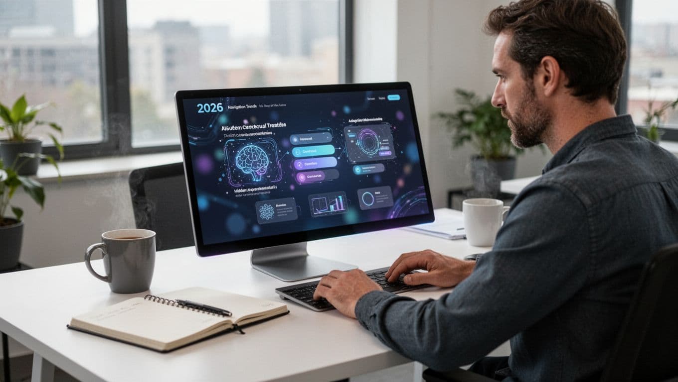 UX designer reviewing futuristic navigation ideas on a laptop, reflecting on AI-driven contextual menus and adaptive navigation patterns in a modern office setting.
