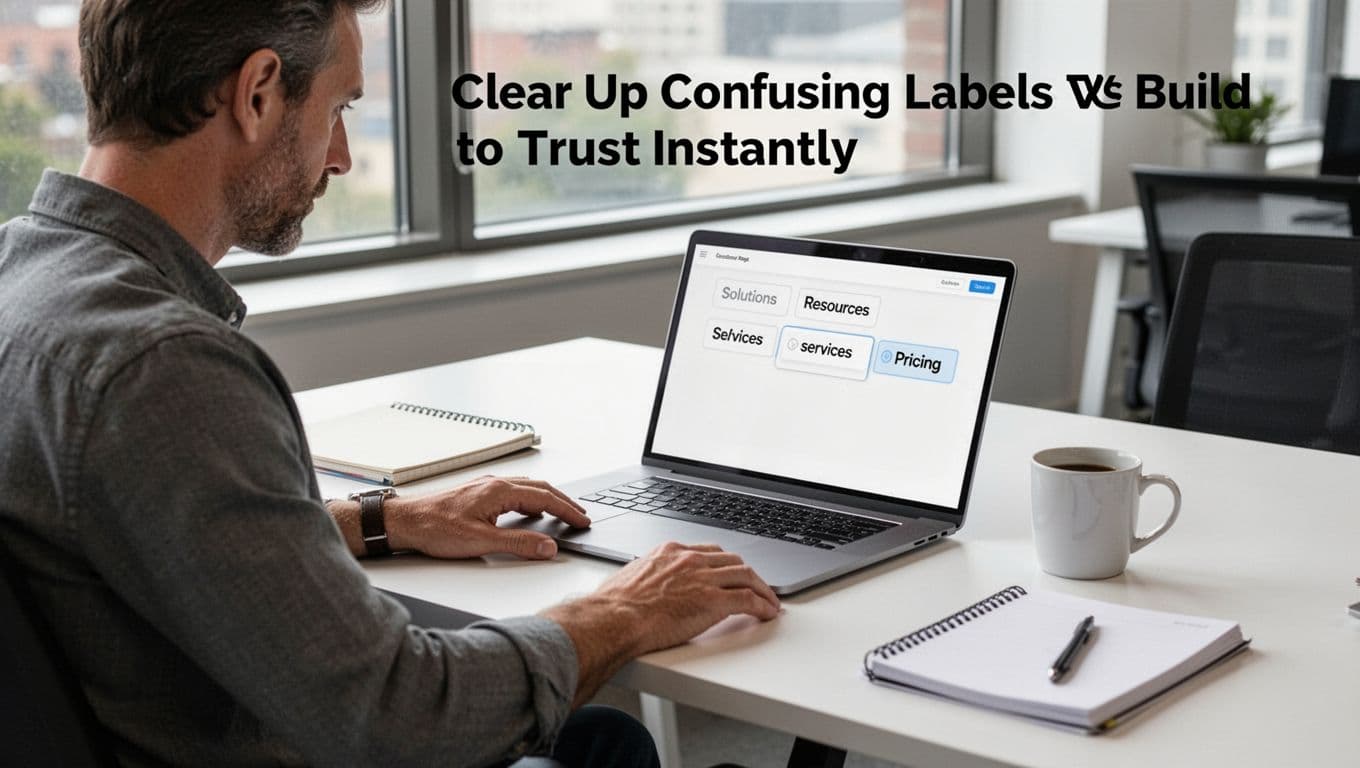 Mid-30s UX designer at modern office desk, focused on laptop showing website top navigation with vague, inconsistently cased labels evoking confusion; natural daylight, clean desk with notebook and coffee.