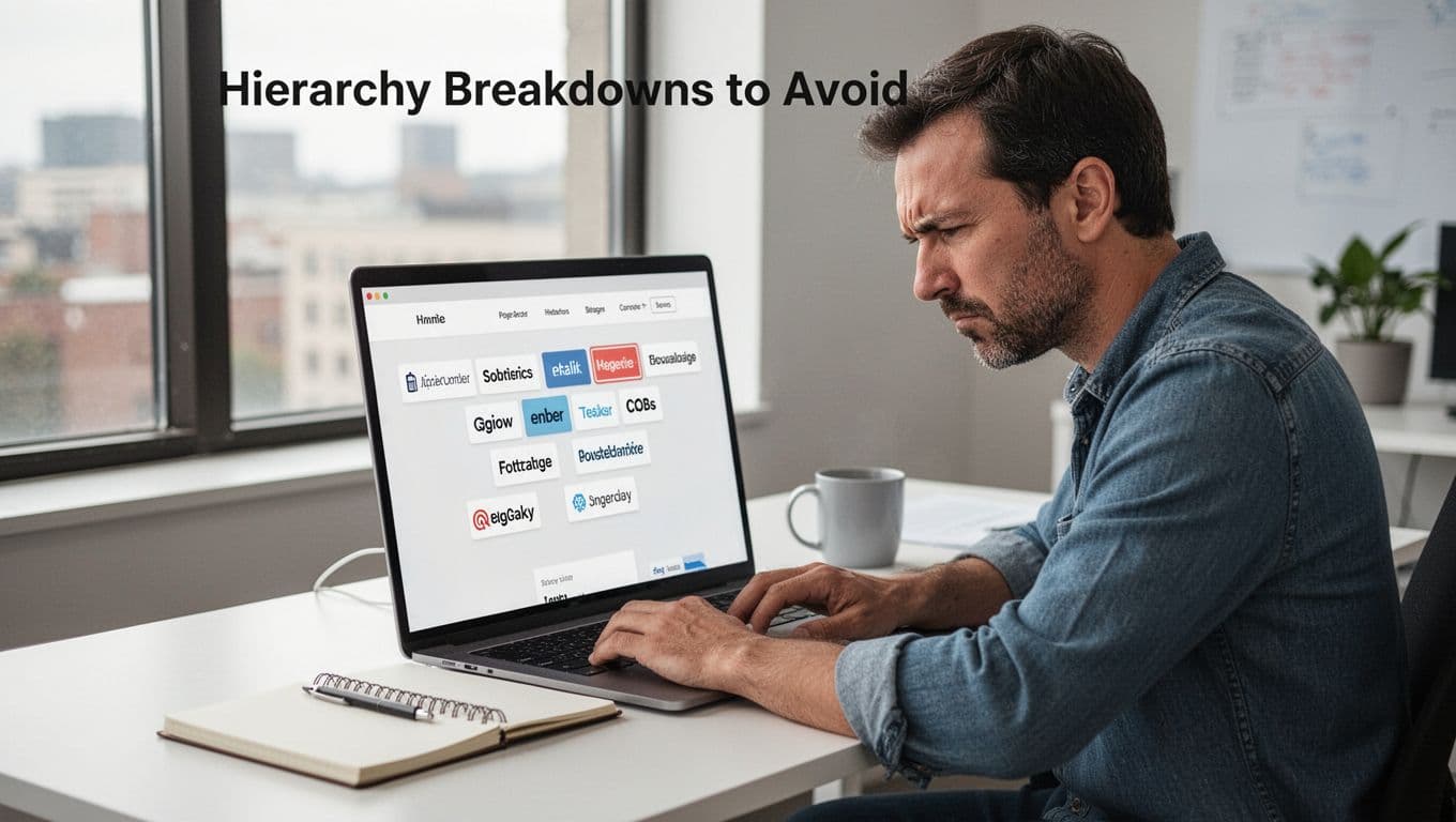 Mid-30s UX designer frowns at laptop screen showing flat website navigation with equal-sized links and no hierarchy, evoking user confusion in modern office.