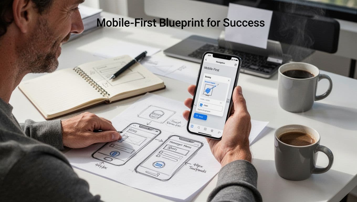 A mid-30s UX designer at a clean modern desk sketches mobile-first navigation wireframes on paper, highlighting large 44px touch targets and hamburger menu, then holds a phone prototype with smooth slide-out animation, exuding focus and satisfaction in natural daylight with notebook and coffee mug nearby.
